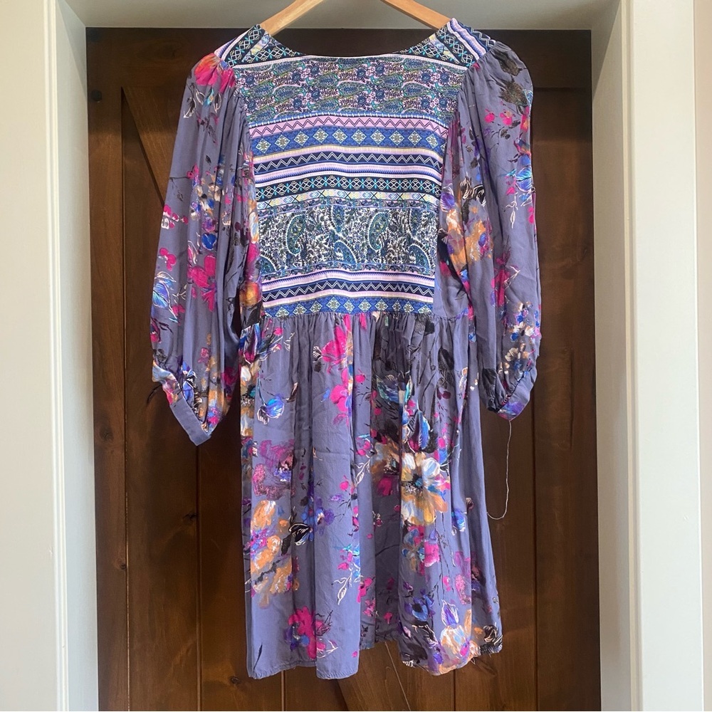 Umgee Women’s Dress Purple Floral Boho Tunic Twirl Balloon Sleeves Size Medium - Picture 6 of 6